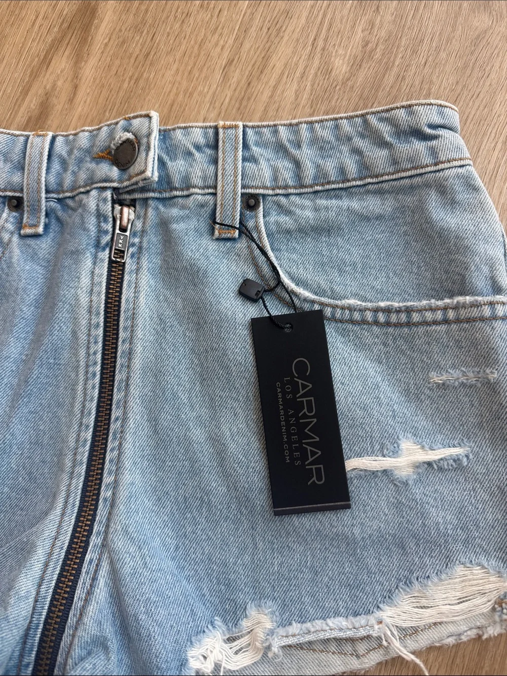 Carmar Light Wash Distressed Zip-Front Denim Shorts